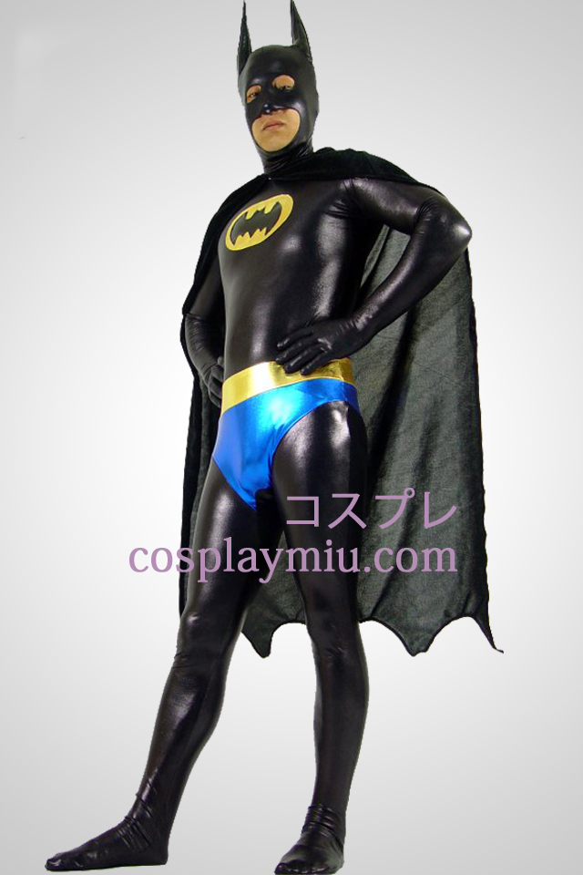Shiny Metallic Black Batman Zentai Suit Med Black Cape