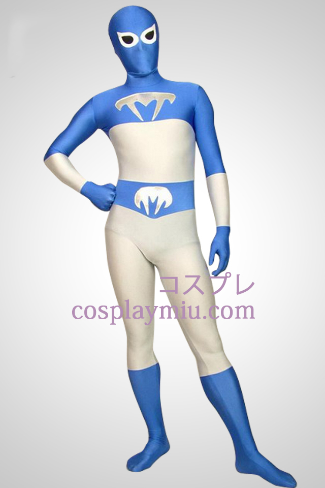 Hvid og blå Lycra Full Body Superhero Zentai Suit
