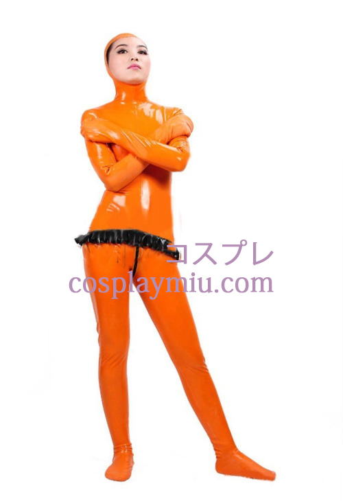 Orange Full Body Overdækket Latex catsuit med Open Face