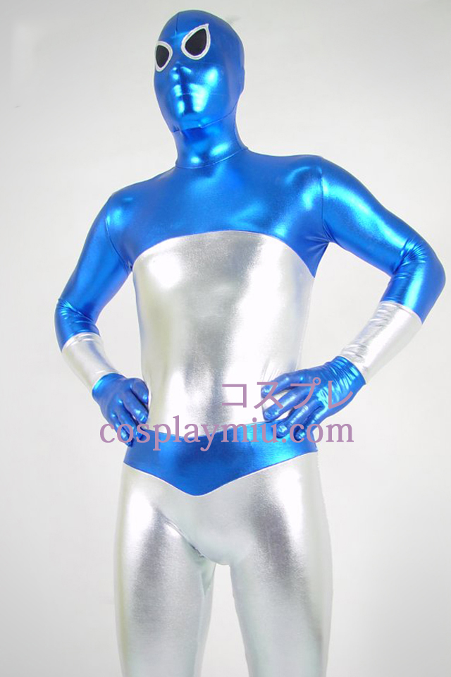 Blå og sølv Shiny Metallic Zentai Suit
