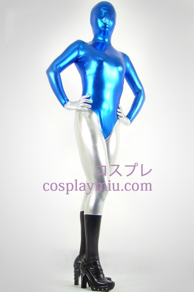 Sort blå og sølv Shiny Metallic Zentai Suit
