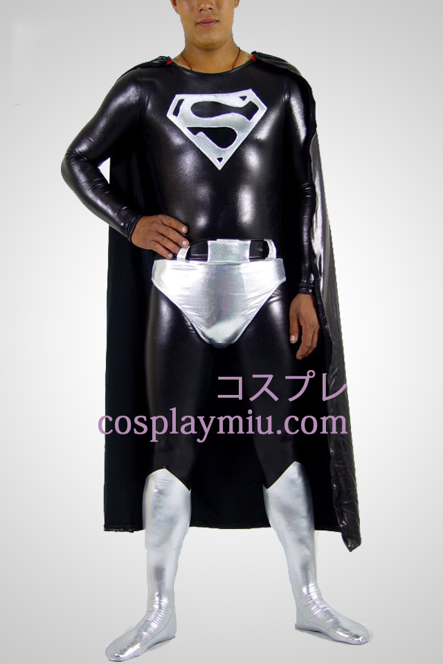 Sort og sølv Superman Shiny Metallic Superhero Zentai