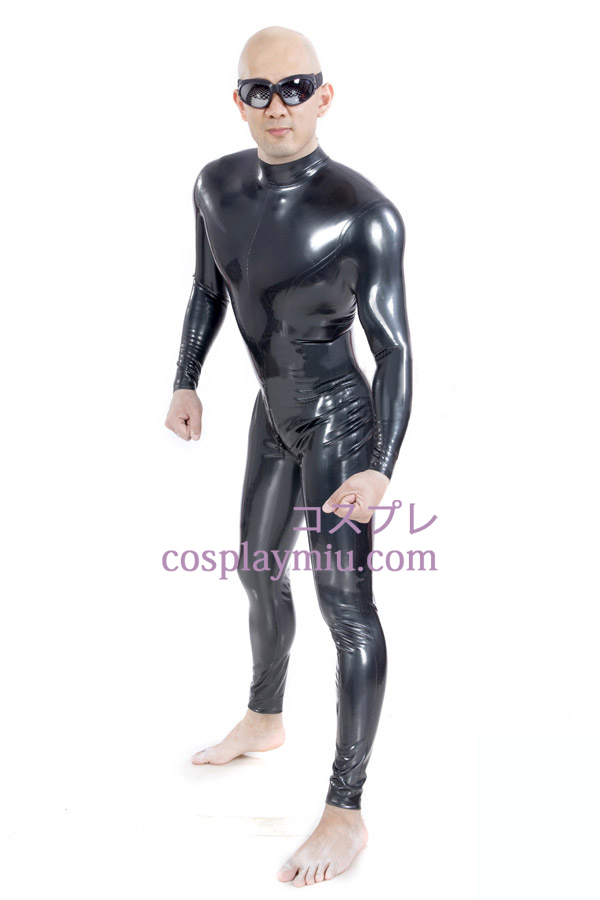 Black Shiny Metallic Zentai Suit med lynlås Skridtmål