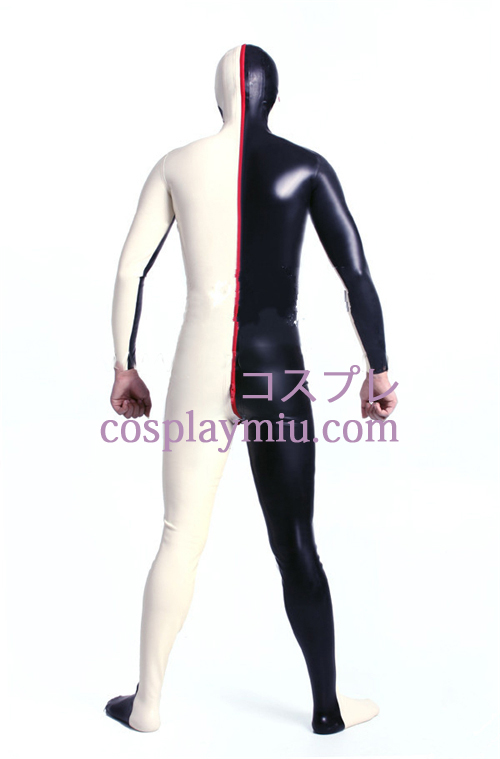 Sort Hvid Lycra Spandex Zentai Suit med åbne øjne og mund