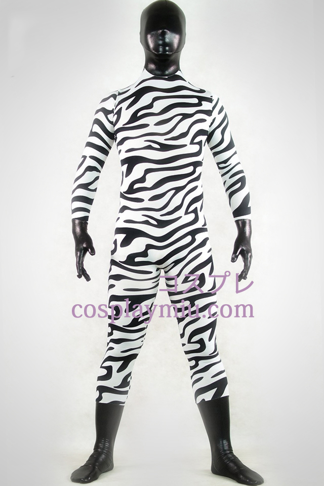 Shiny Metallic hvid og sort Zebra Zentai Suit