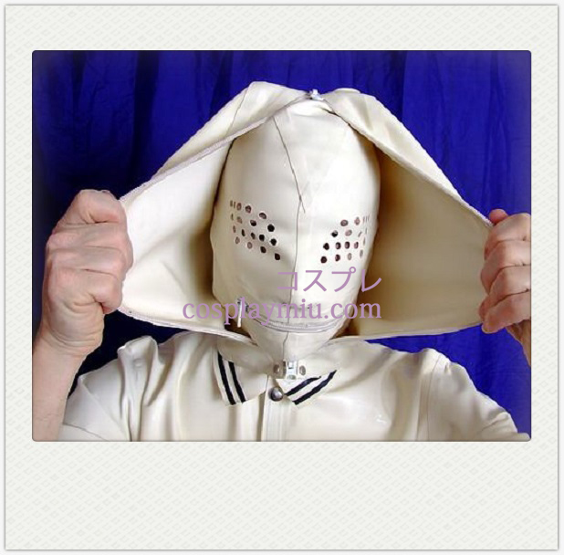 White Full Face Covered SM Latex Maske med Mesh og lynlås Mouth