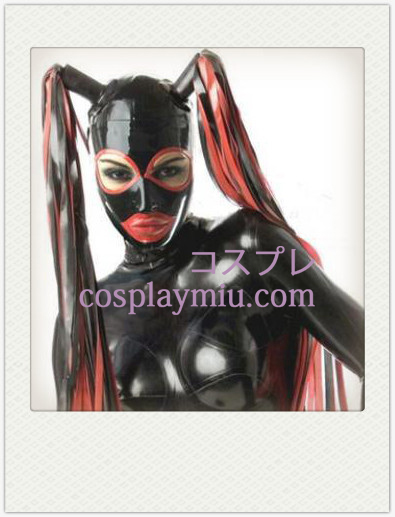 Shiny Black Female Double Tailed Latex Maske med åbne øjne og mund
