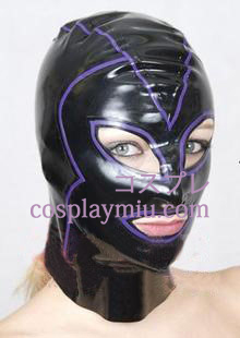 Shiny Black Female Cosplay Foret Latex Maske med åbne øjne og mund