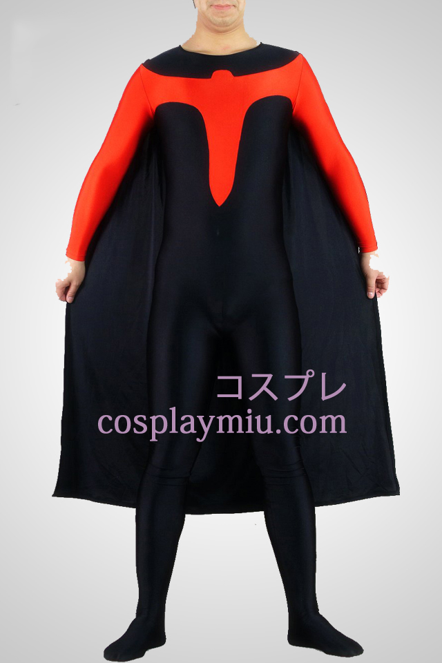 Sort og rød Lycra Spandex catsuit med Kap
