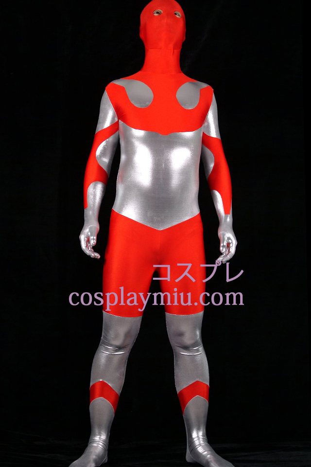 Red Lycra spandex og Silver Shiny Metallic Unisex Zentai Suit