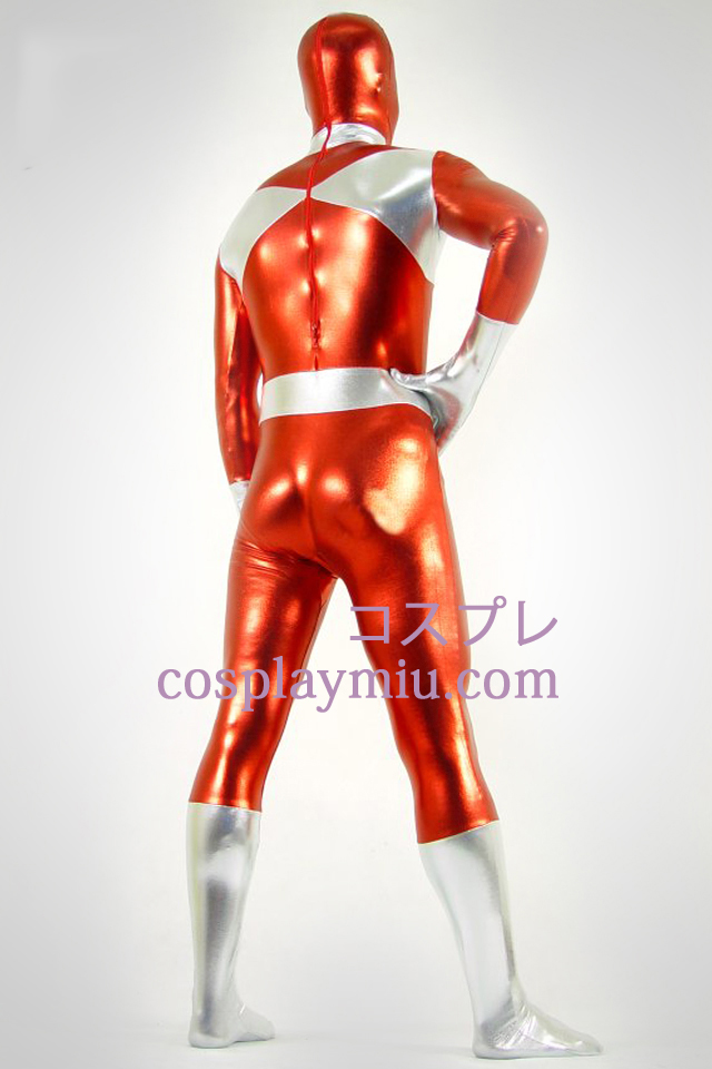 Sølv og Red Shiny Metallic Zentai Suit